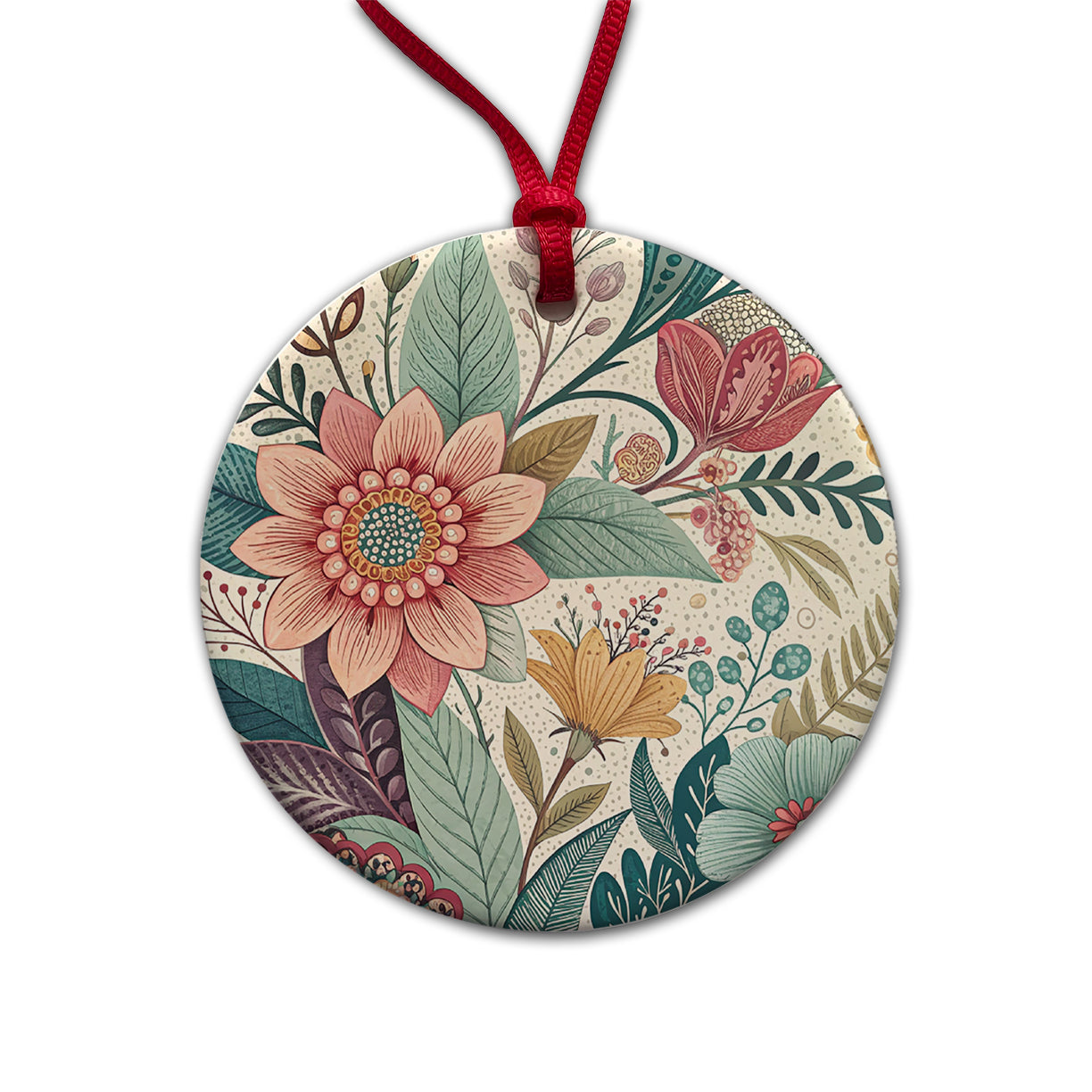 Boho Pastel Floral Pattern Round Ceramic Holiday Christmas Tree Ornament