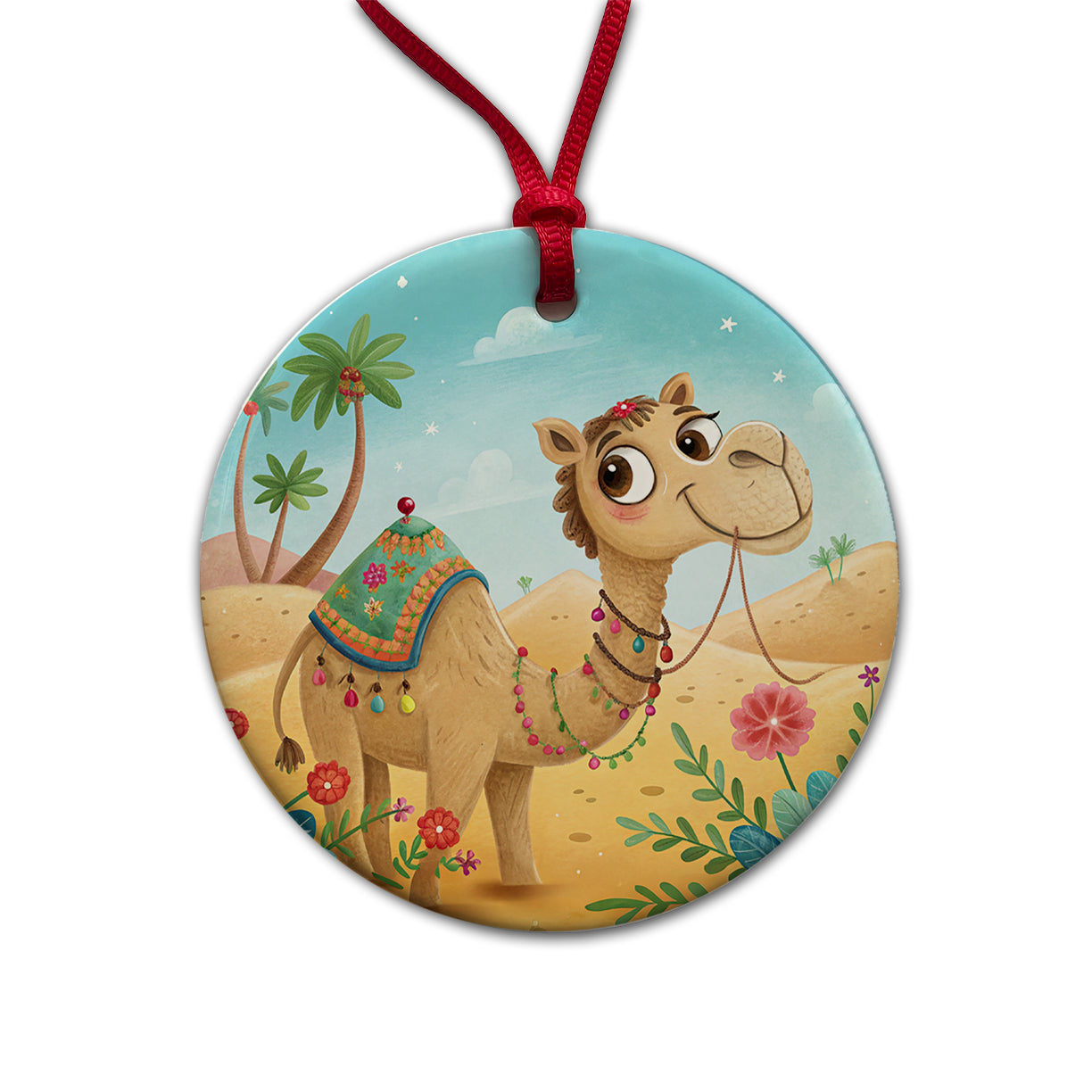 Camel Children's Illustration Style Round Ceramic Holiday Christmas Tree Ornament