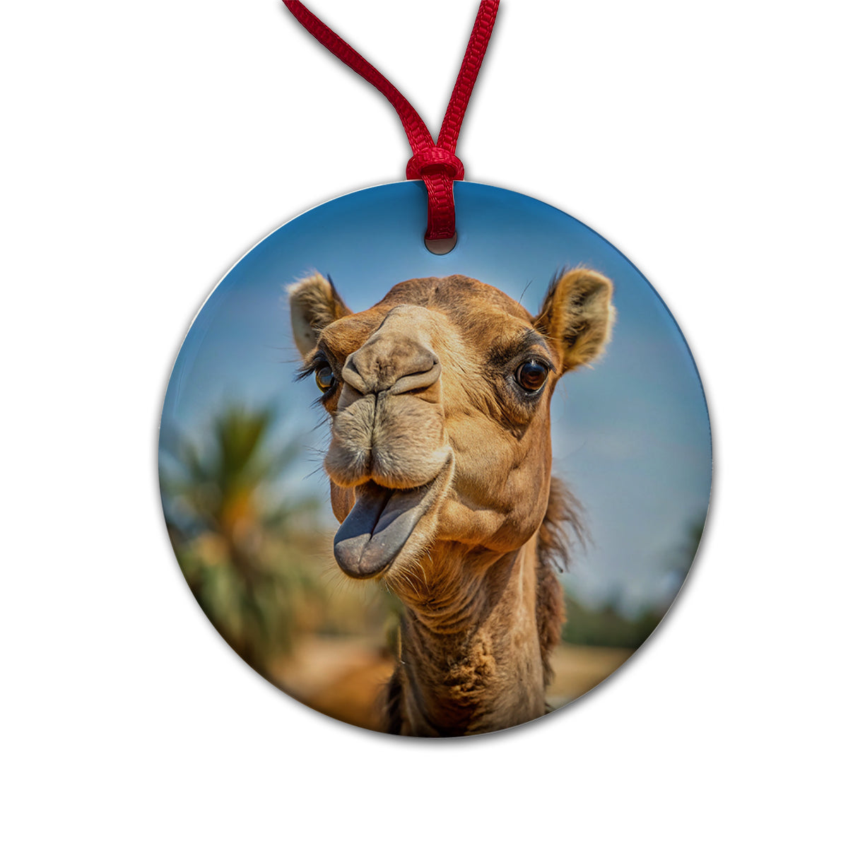 Camel Face With Tongue Sticking Out Round Ceramic Holiday Christmas Tree Ornament