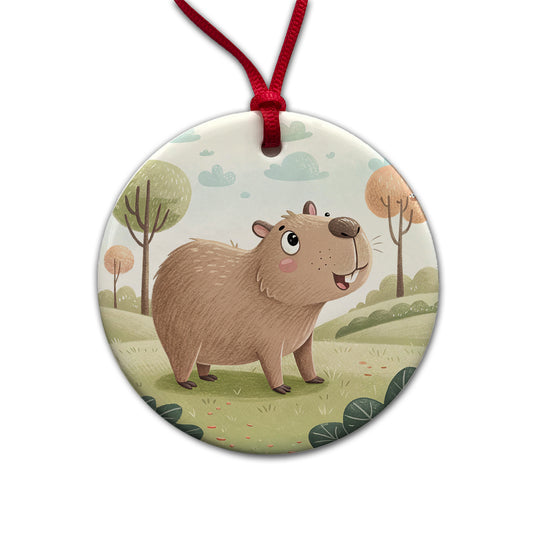 Capybara Children's Illustration Style Round Ceramic Holiday Christmas Tree Ornament