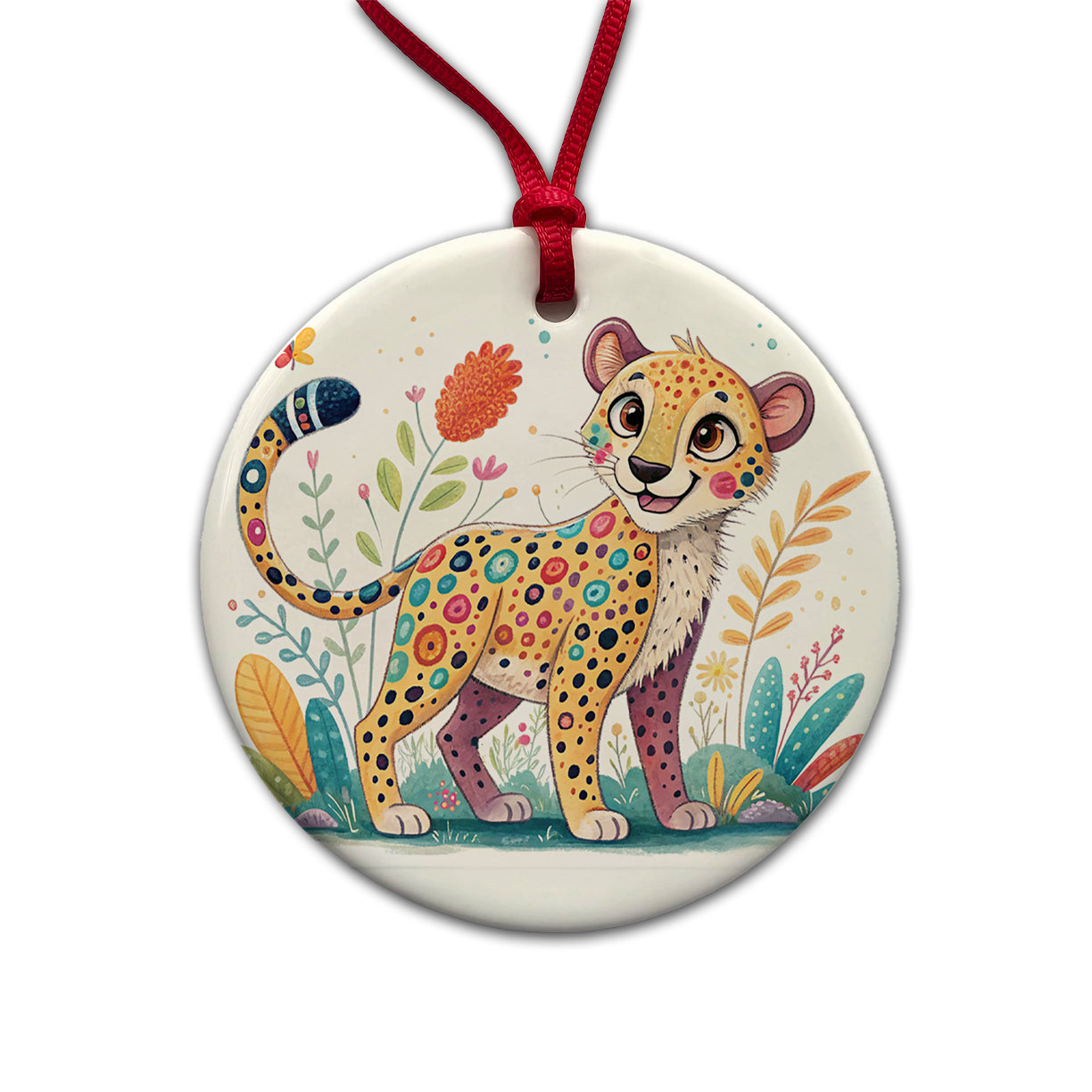 Cheetah Children's Illustration Style Round Ceramic Holiday Christmas Tree Ornament