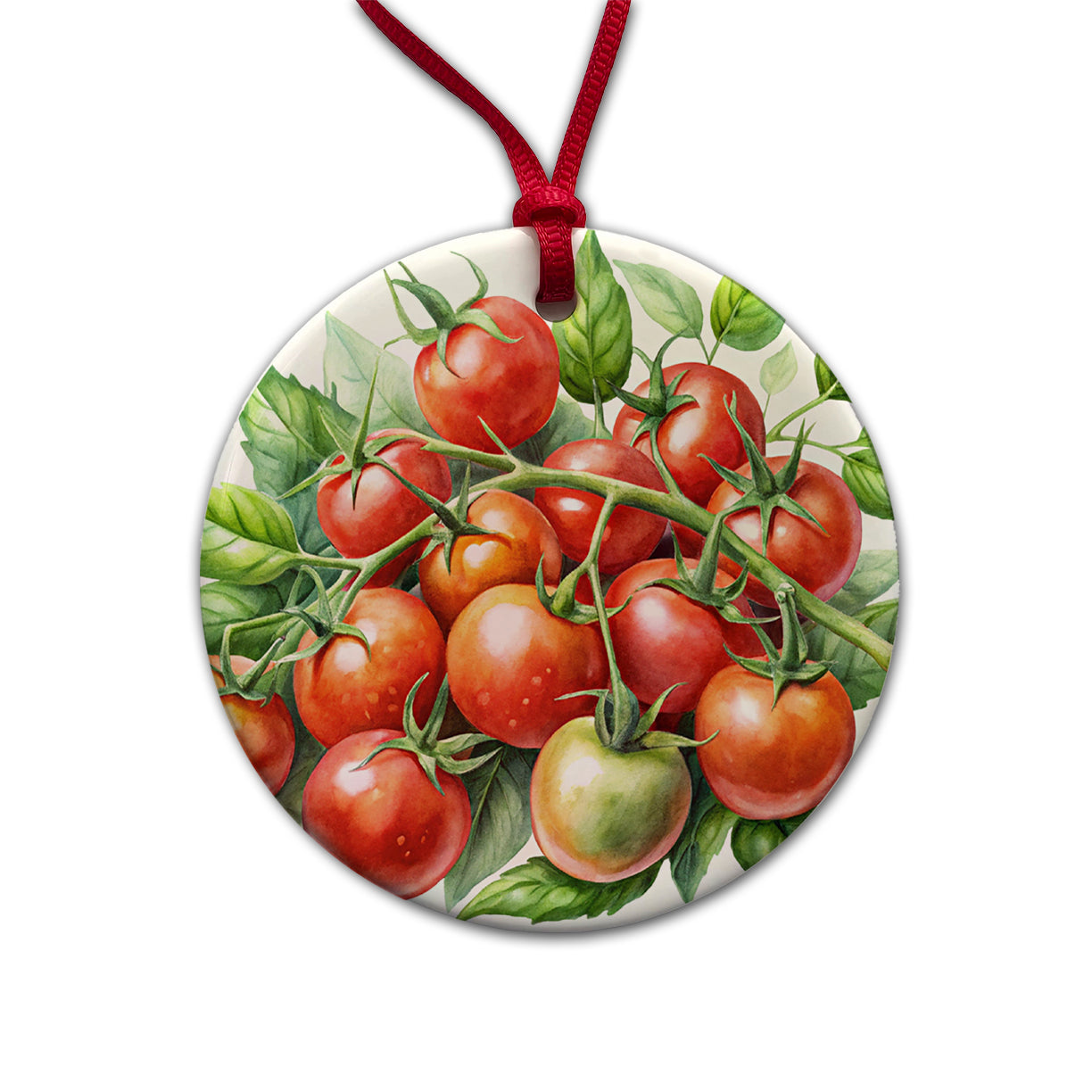 Cherry Tomatoes On The Vine Watercolor Round Ceramic Holiday Christmas Tree Ornament