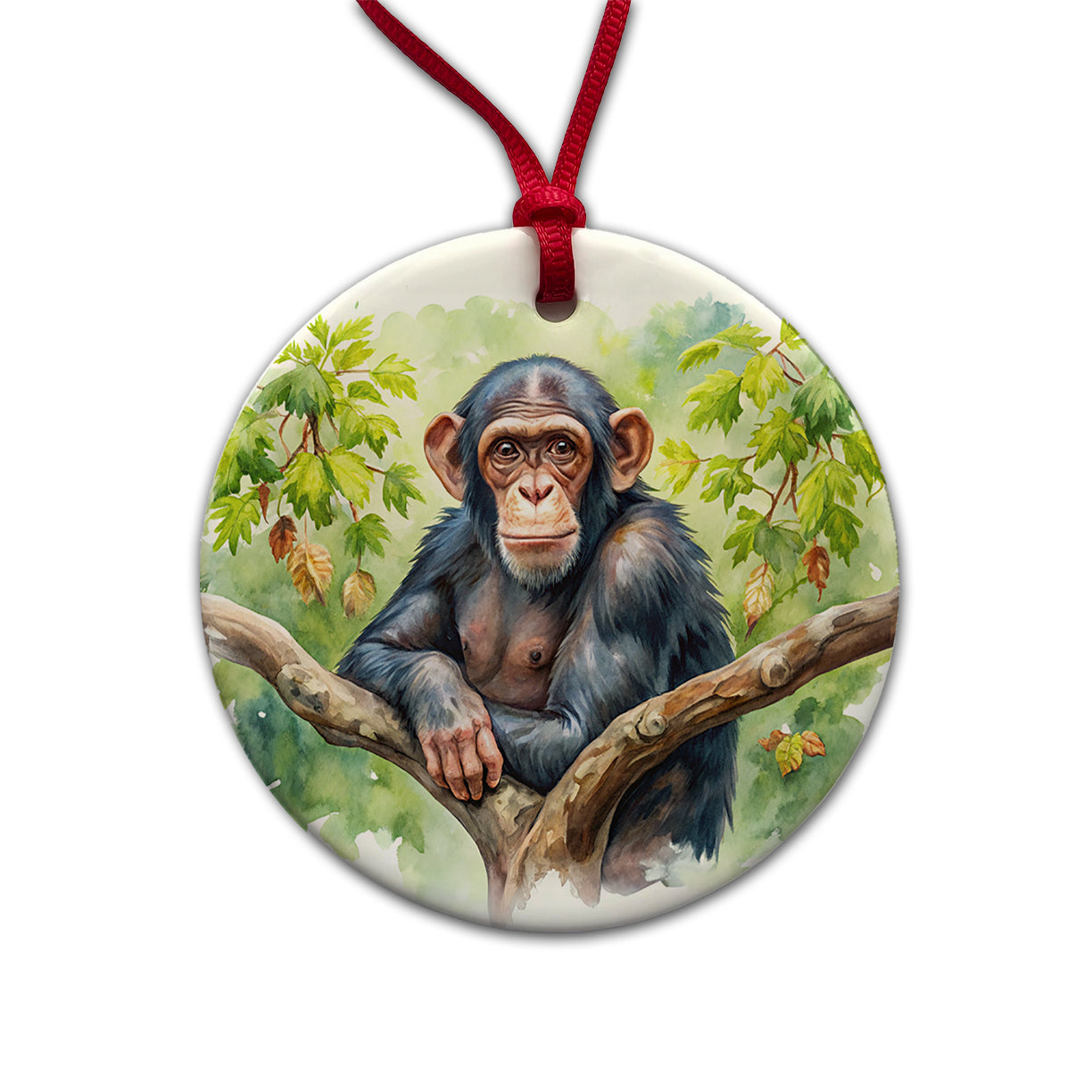 Chimpanzee Monkey In Tree Watercolor Round Ceramic Holiday Christmas Tree Ornament