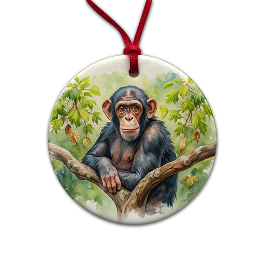 Chimpanzee Monkey In Tree Watercolor Round Ceramic Holiday Christmas Tree Ornament