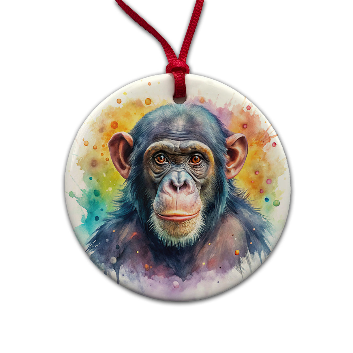 Chimpanzee Monkey Watercolor Round Ceramic Holiday Christmas Tree Ornament