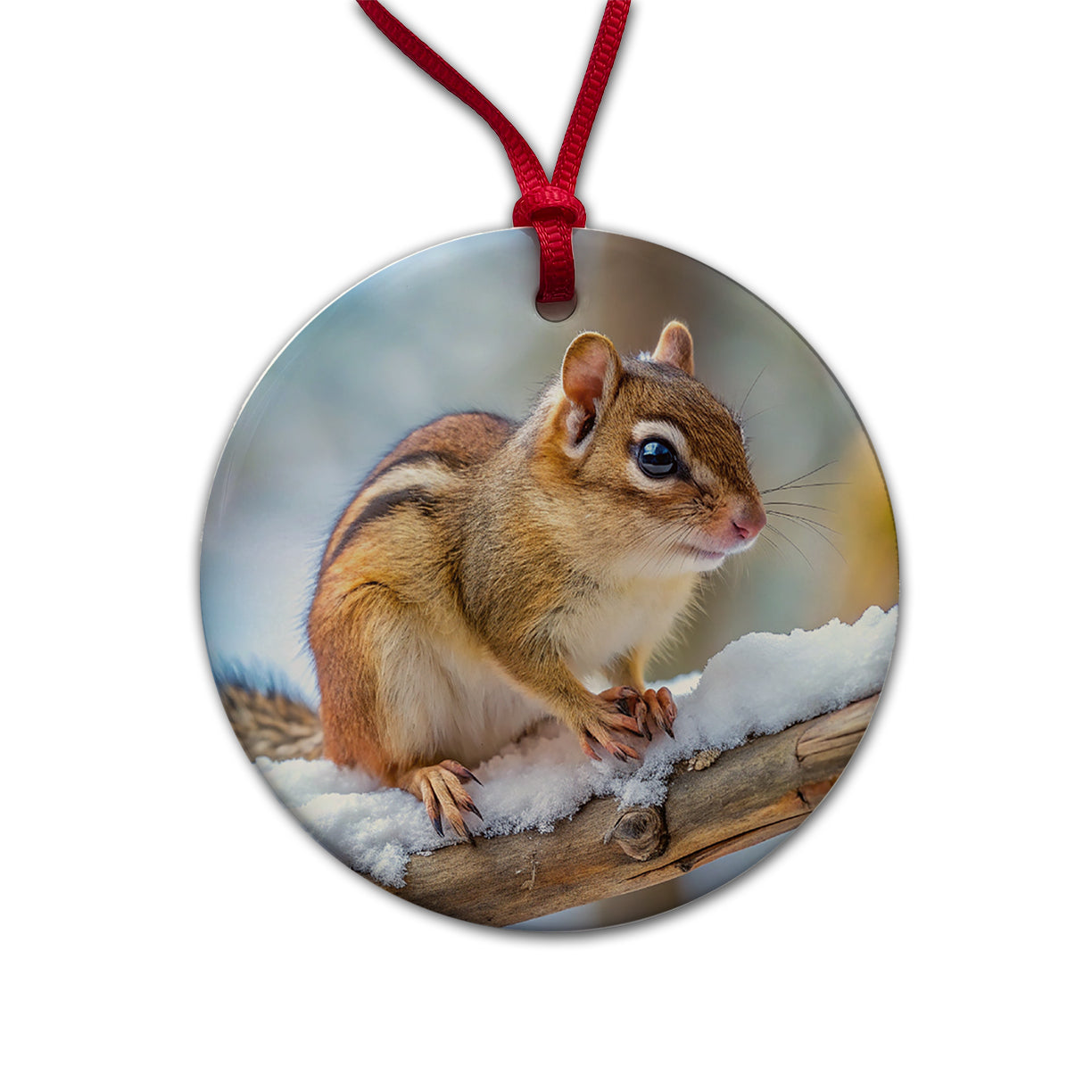 Chipmunk On Branch In Winter Round Ceramic Holiday Christmas Tree Ornament