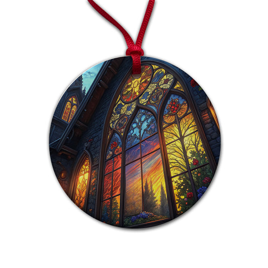 Church Stained Glass Windows at Night Round Ceramic Holiday Christmas Tree Ornament