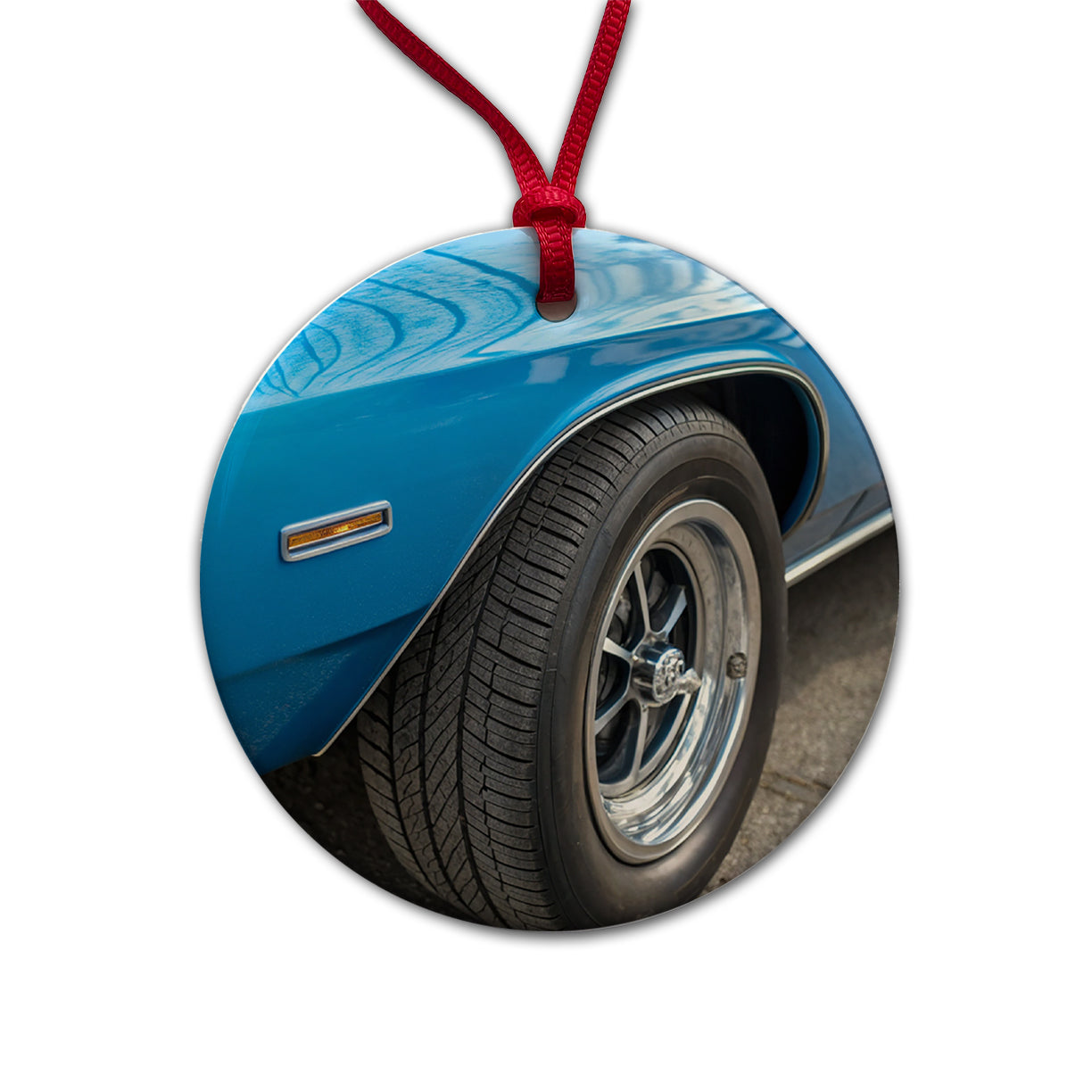 Classic Blue Muscle Car Round Ceramic Holiday Christmas Tree Ornament