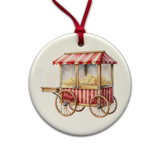 Classic Movie Popcorn Vendor Cart Watercolor Round Ceramic Holiday Christmas Tree Ornament
