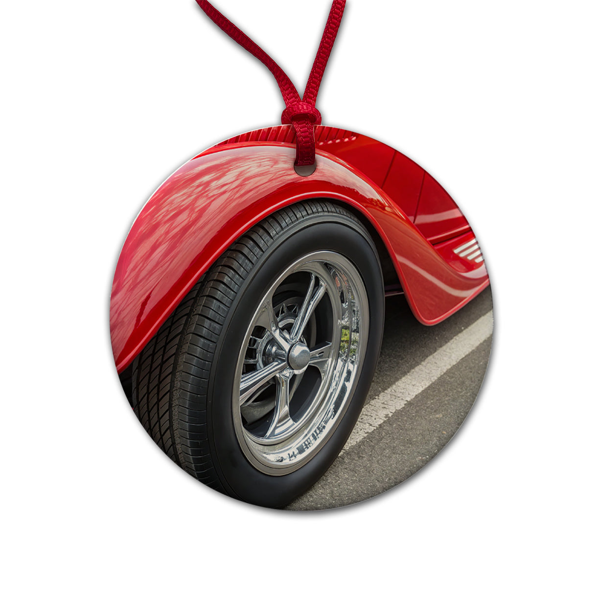 Classic Red Hot Rod Car Round Ceramic Holiday Christmas Tree Ornament