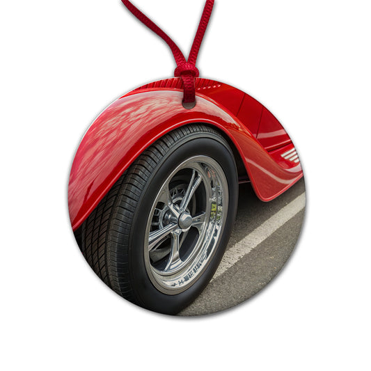 Classic Red Hot Rod Car Round Ceramic Holiday Christmas Tree Ornament