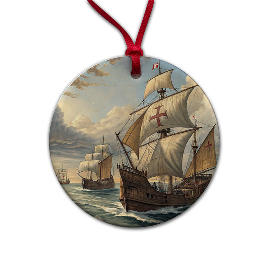 Columbus's Ships Nina, Pinta, And The Santa Maria Round Ceramic Holiday Christmas Tree Ornament