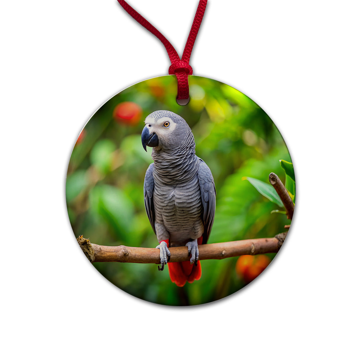 Congo African Grey Parrot Bird On Branch Round Ceramic Holiday Christmas Tree Ornament