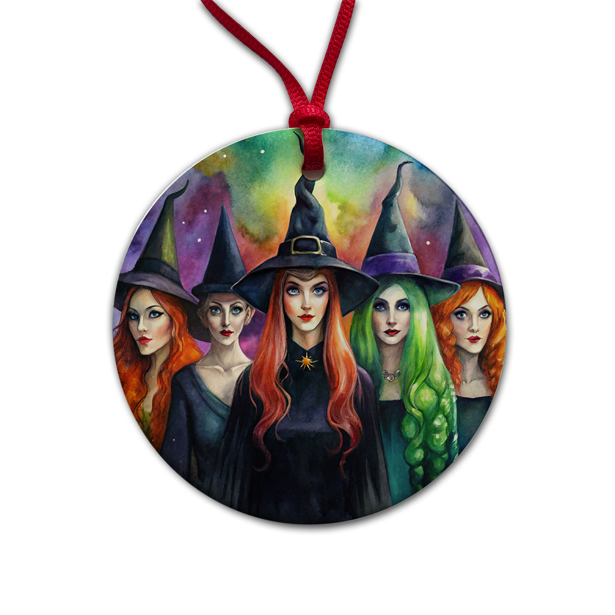 Coven Of Witches Black Watercolor Round Ceramic Holiday Christmas Tree Ornament