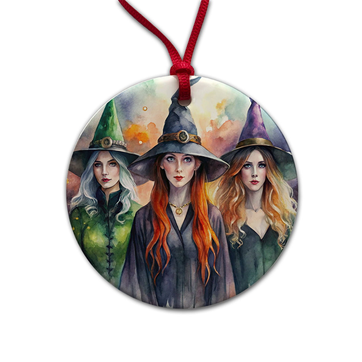 Coven Of Witches Watercolor Round Ceramic Holiday Christmas Tree Ornament