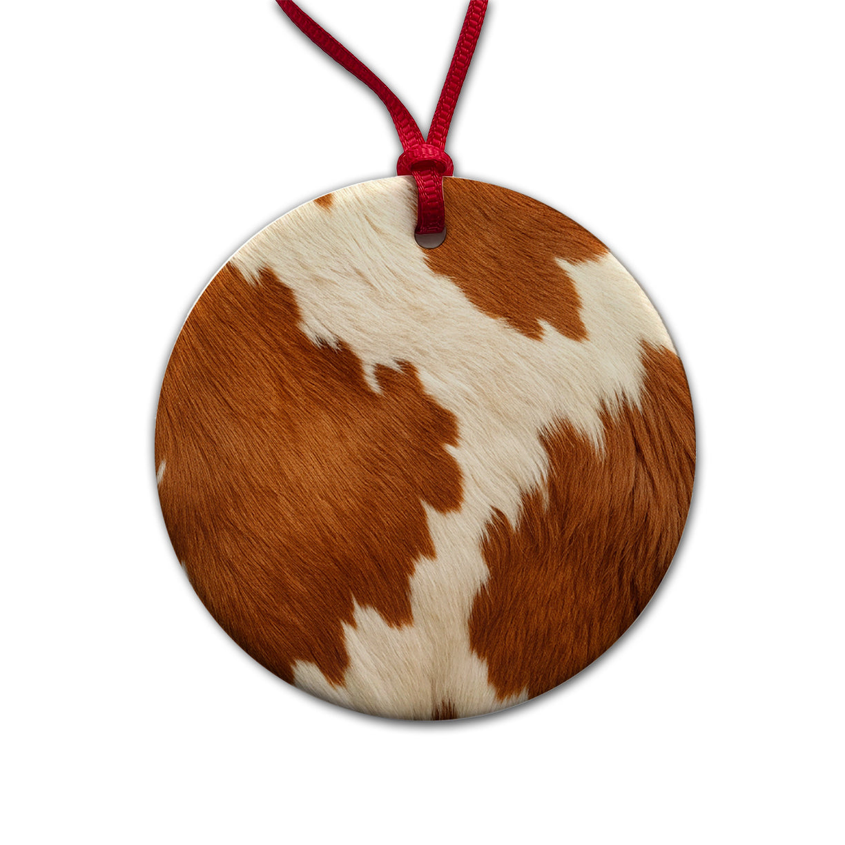 Cow Pattern Brown and White Round Ceramic Holiday Christmas Tree Ornament