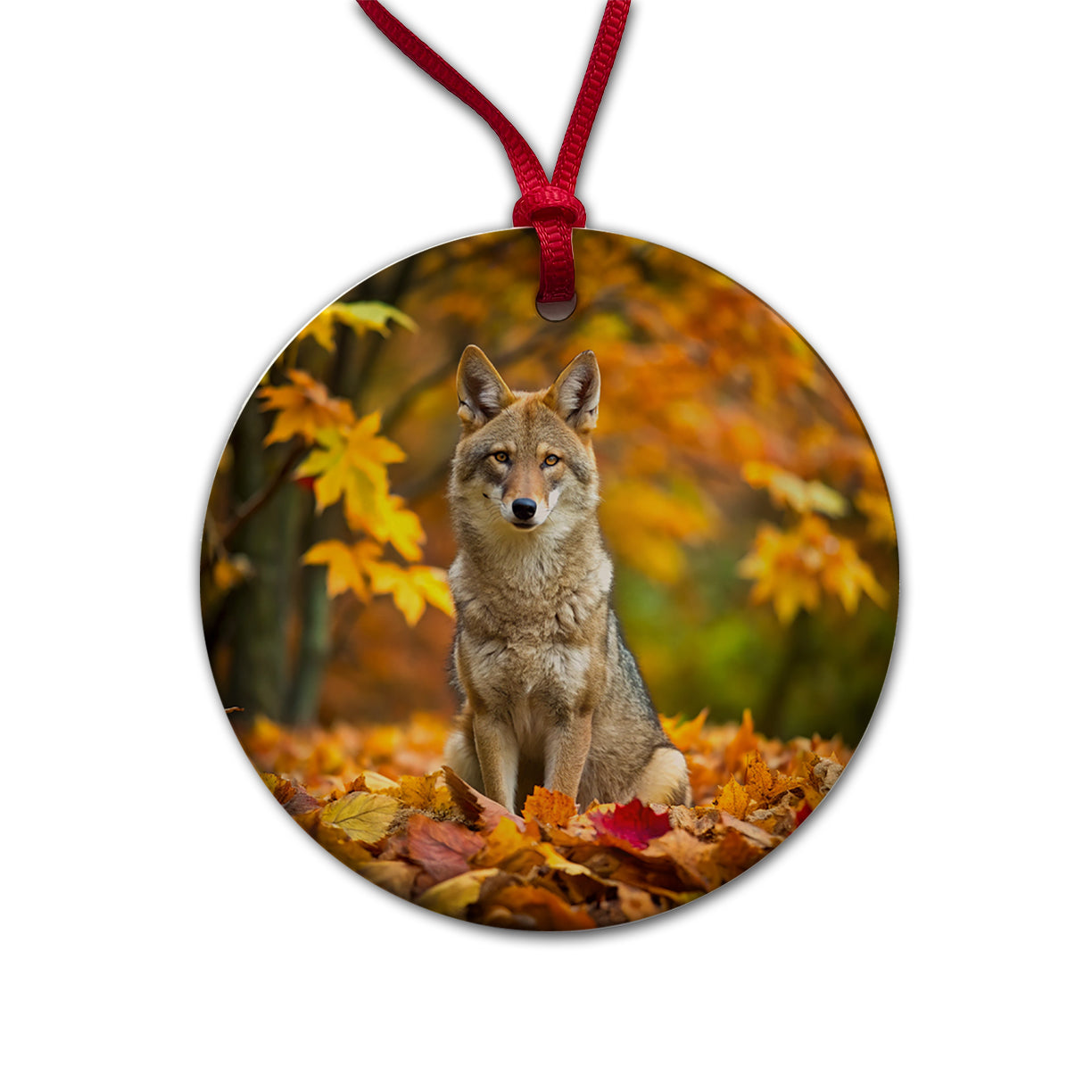 Coyote Sitting In The Fall Leaves Round Ceramic Holiday Christmas Tree Ornament
