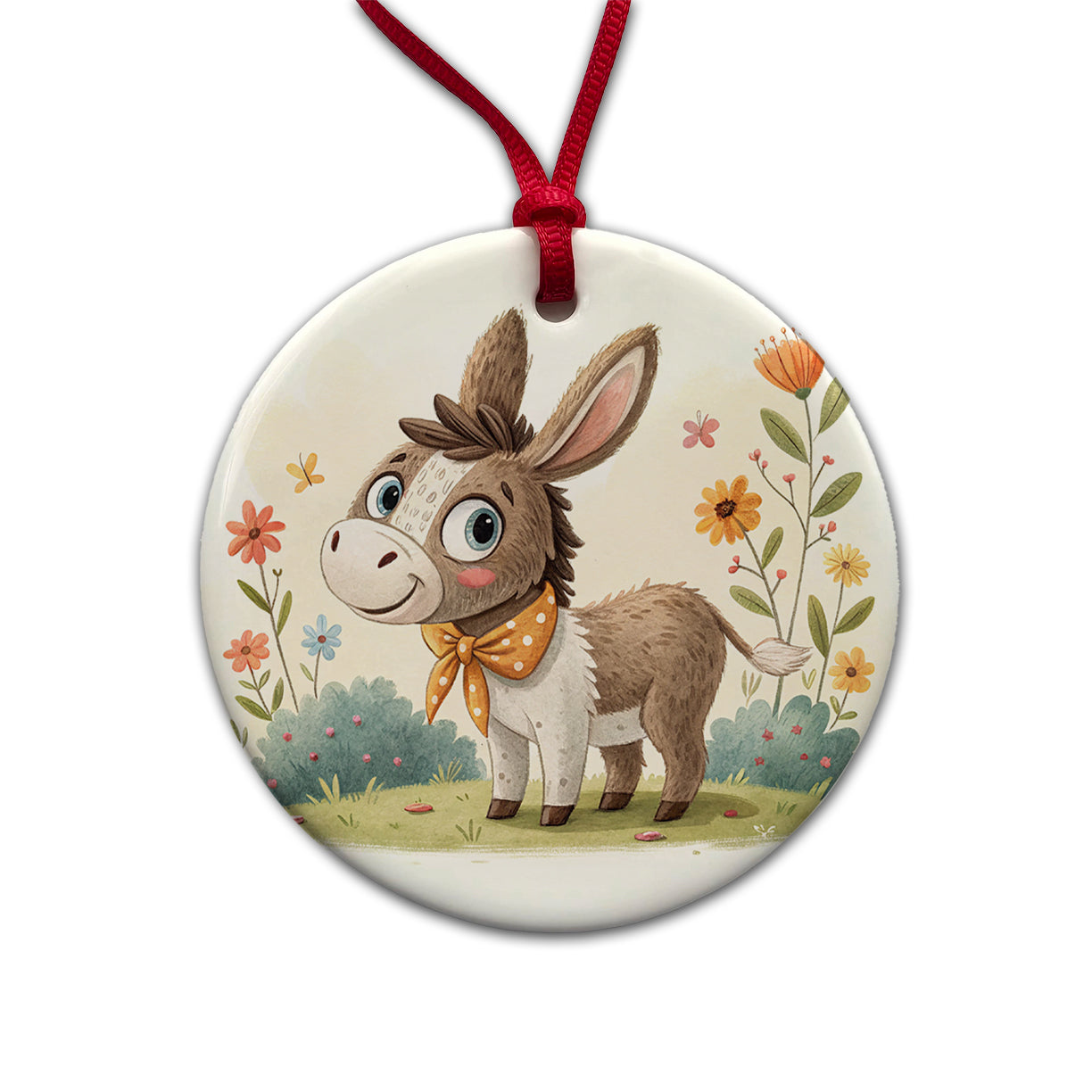 Donkey Children's Illustration Style Round Ceramic Holiday Christmas Tree Ornament