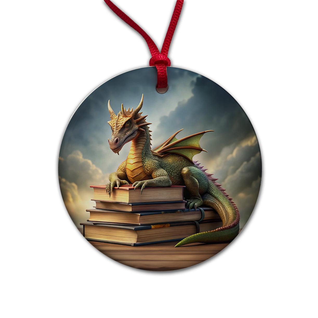 Dragon Laying On Top Of Books Reading Round Ceramic Holiday Christmas Tree Ornament