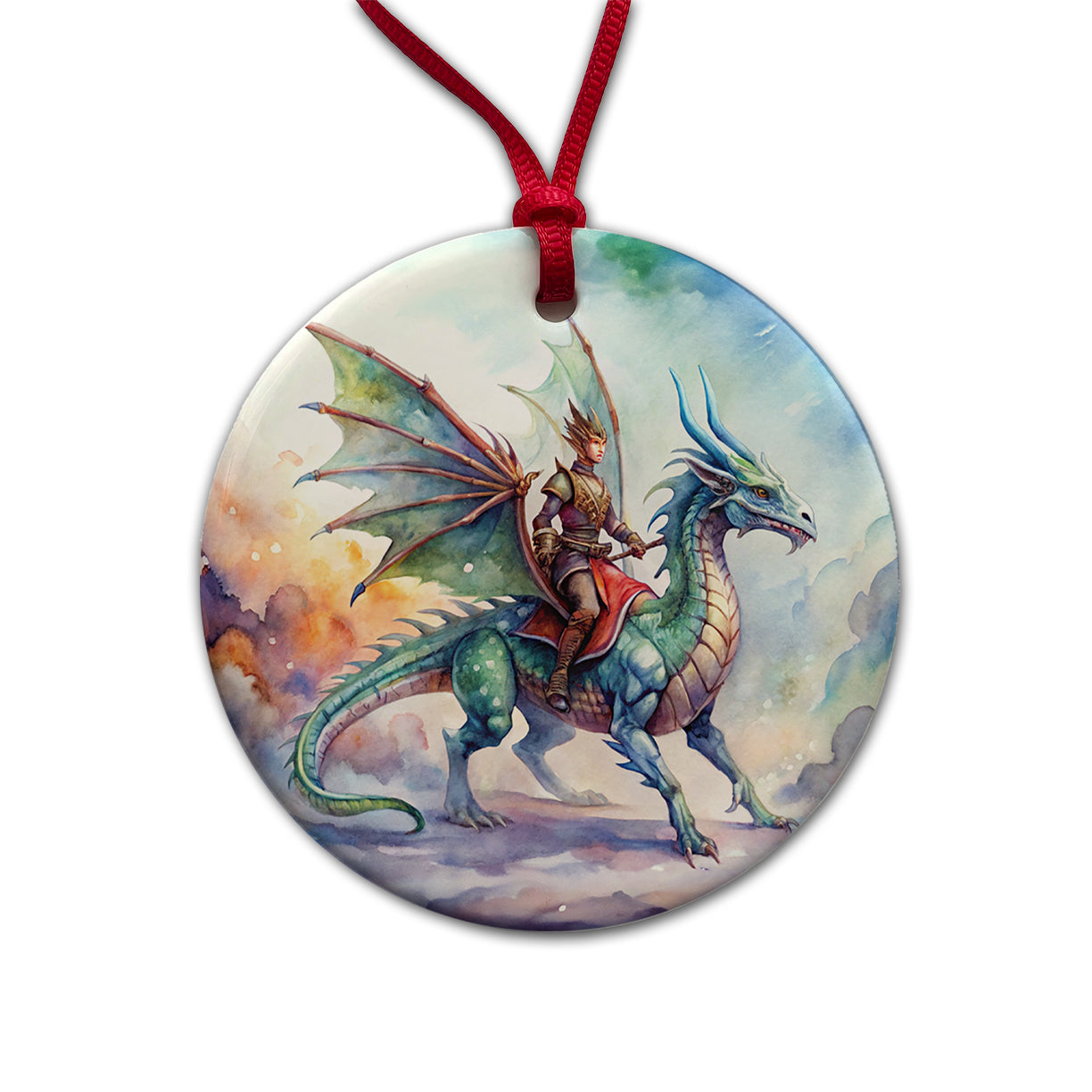 Dragon Rider Watercolor Round Ceramic Holiday Christmas Tree Ornament