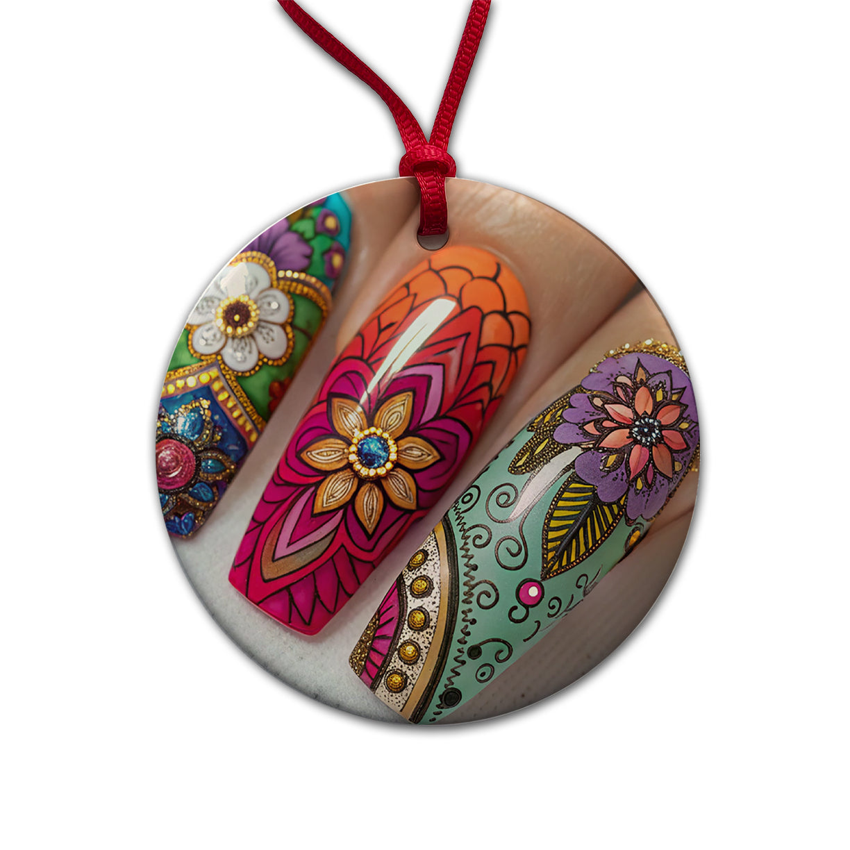 Elaborately Painted Decorated Finger Nails Round Ceramic Holiday Christmas Tree Ornament