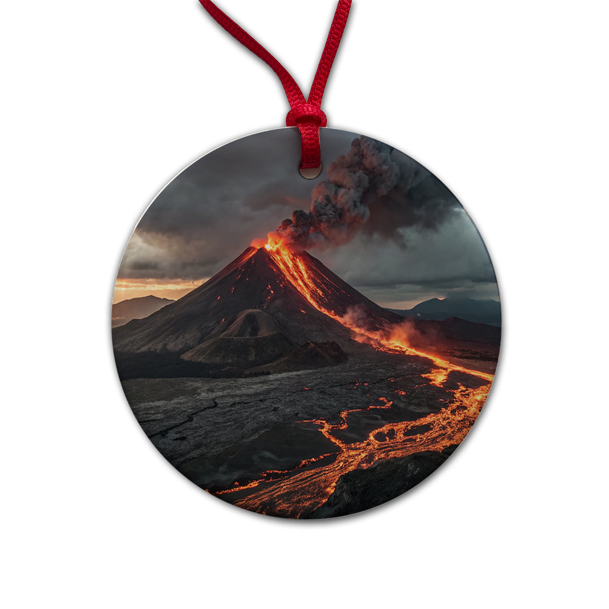 Erupting Volcano With Flowing Lava Round Ceramic Holiday Christmas Tree Ornament