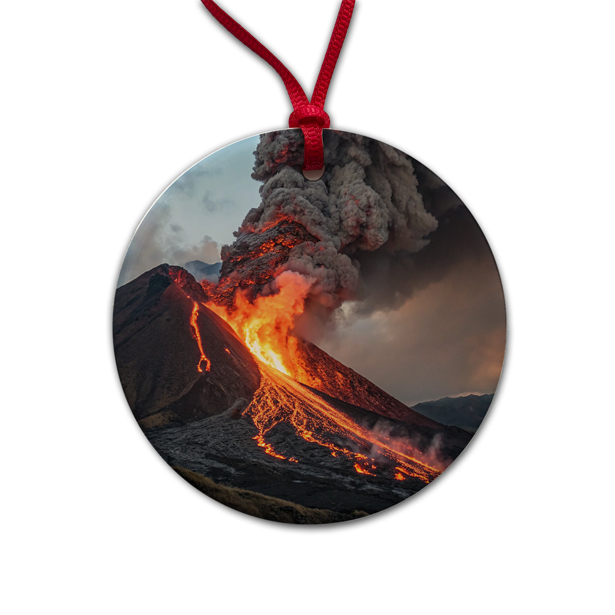 Erupting Volcano with Lava Trails Round Ceramic Holiday Christmas Tree Ornament