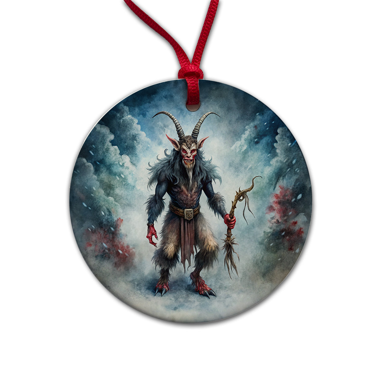 Evil Krampus Black Watercolor Christmas Round Ceramic Holiday Christmas Tree Ornament