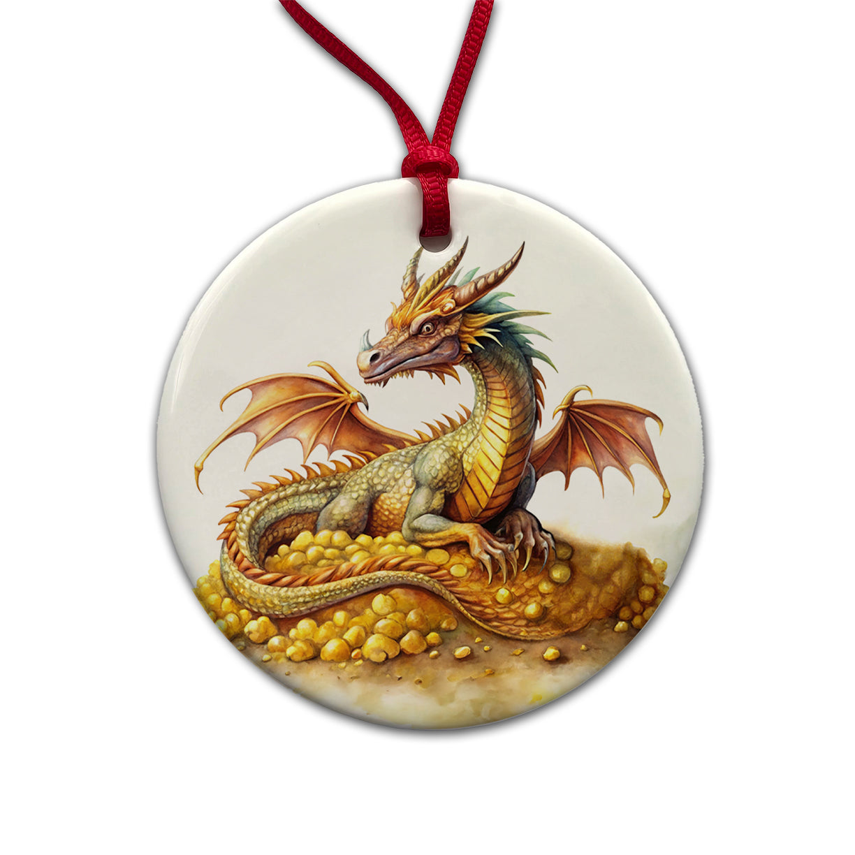 Fantasy Dragon and Gold Horde Watercolor Round Ceramic Holiday Christmas Tree Ornament