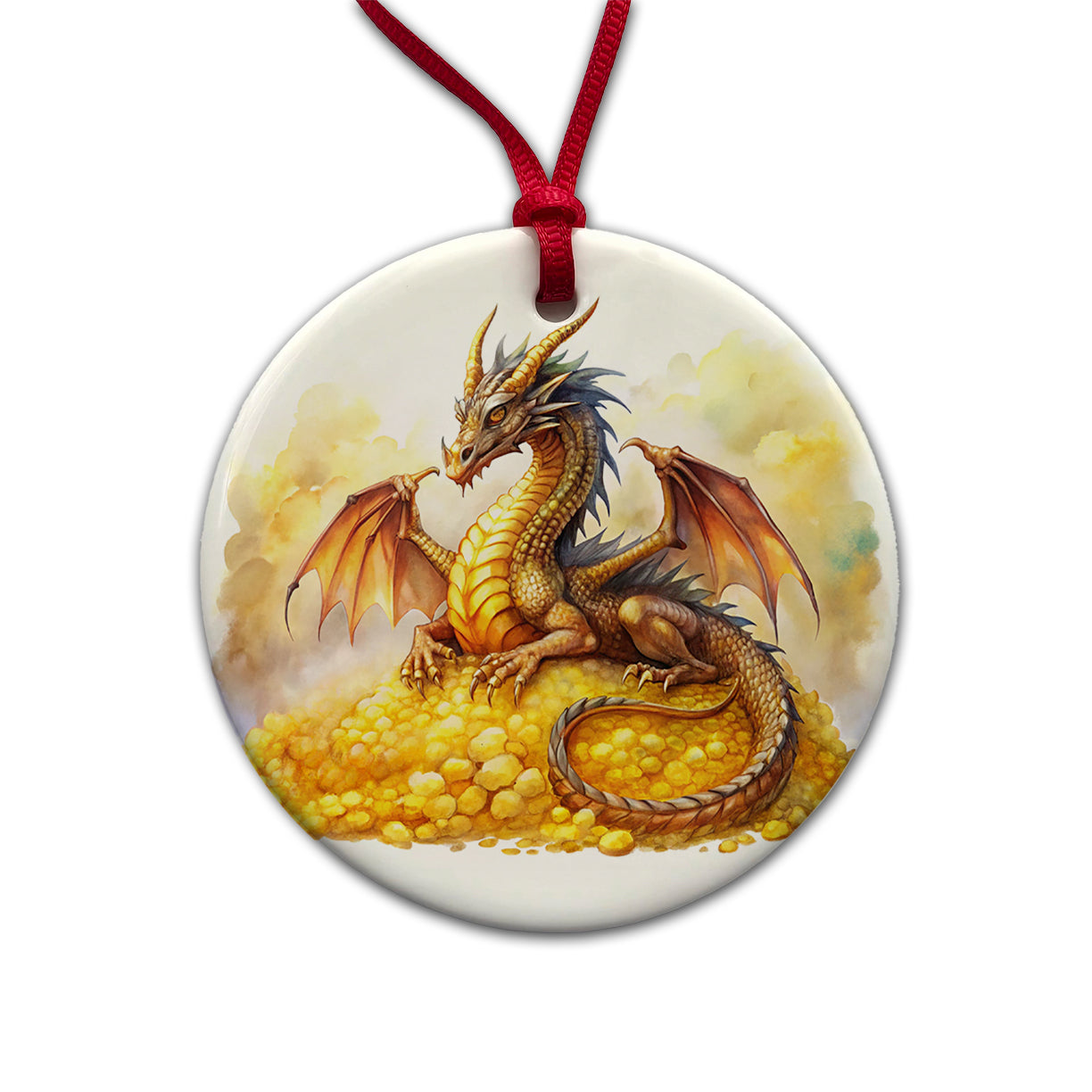 Fantasy Dragon Laying on Gold Watercolor Round Ceramic Holiday Christmas Tree Ornament