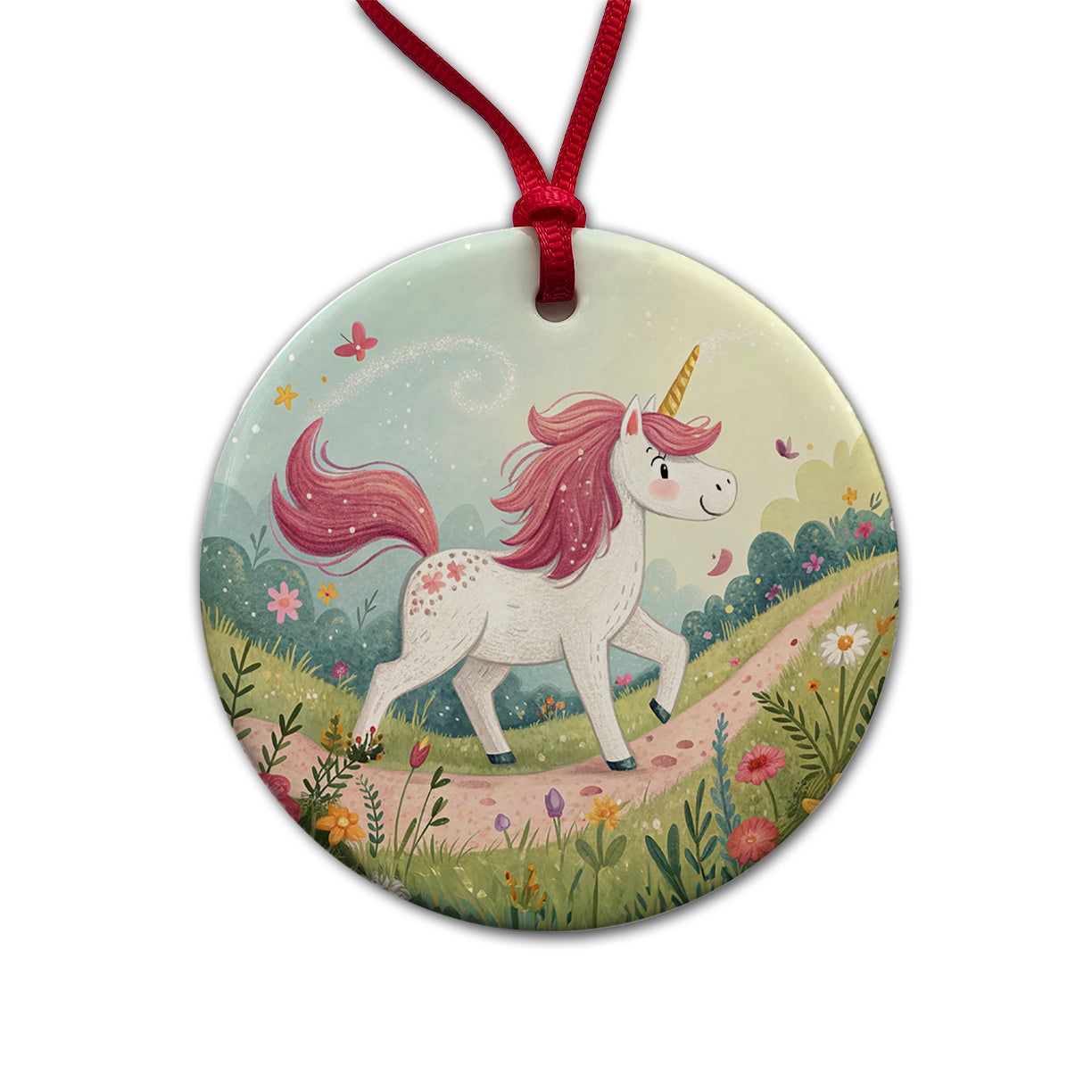 Fantasy Unicorn Children's Illustration Style Round Ceramic Holiday Christmas Tree Ornament