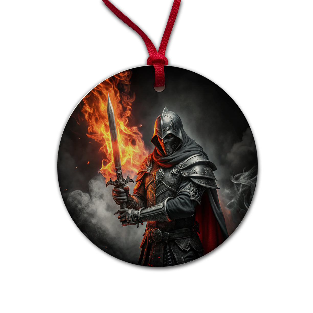 Fantasy Warrior Knight with Flaming Sword Round Ceramic Holiday Christmas Tree Ornament