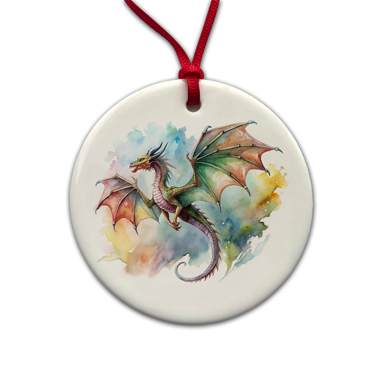 Fantasy Wyvern Dragon In Flight Watercolor Round Ceramic Holiday Christmas Tree Ornament