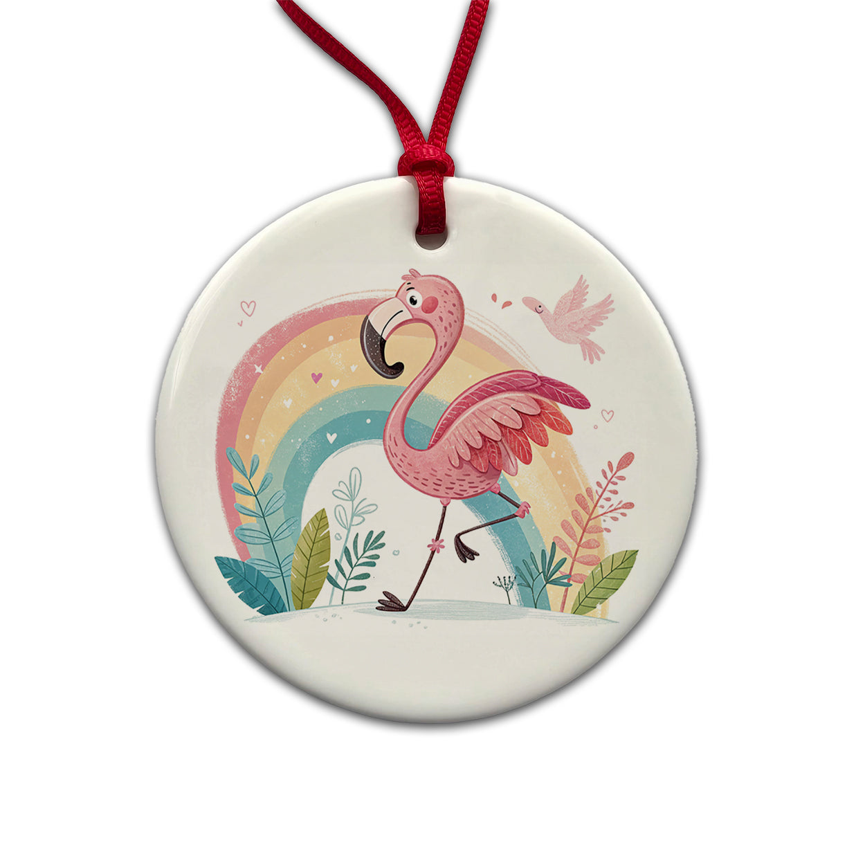 Flamingo and Rainbow Children's Illustration Style Round Ceramic Holiday Christmas Tree Ornament