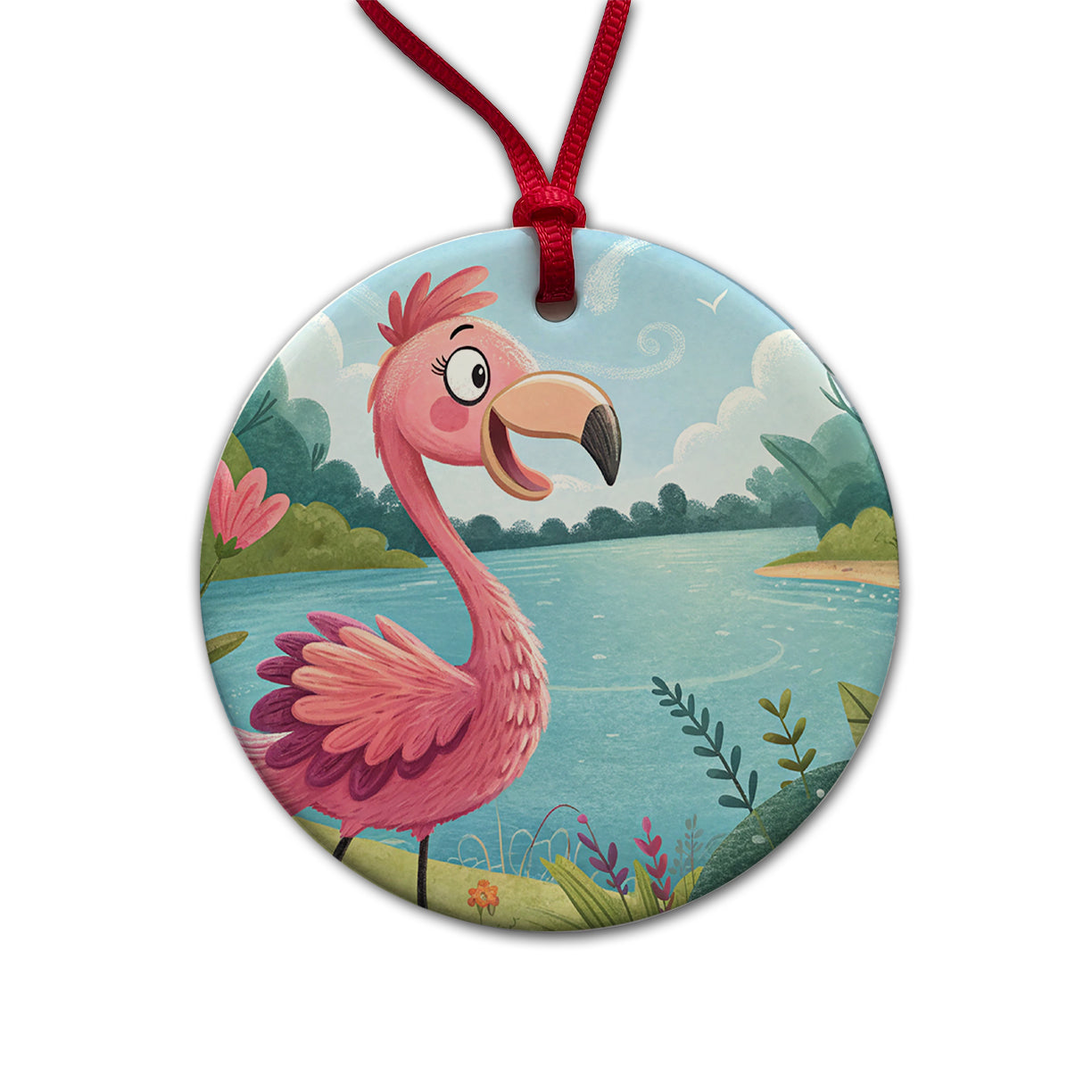 Flamingo Children's Illustration Style Round Ceramic Holiday Christmas Tree Ornament