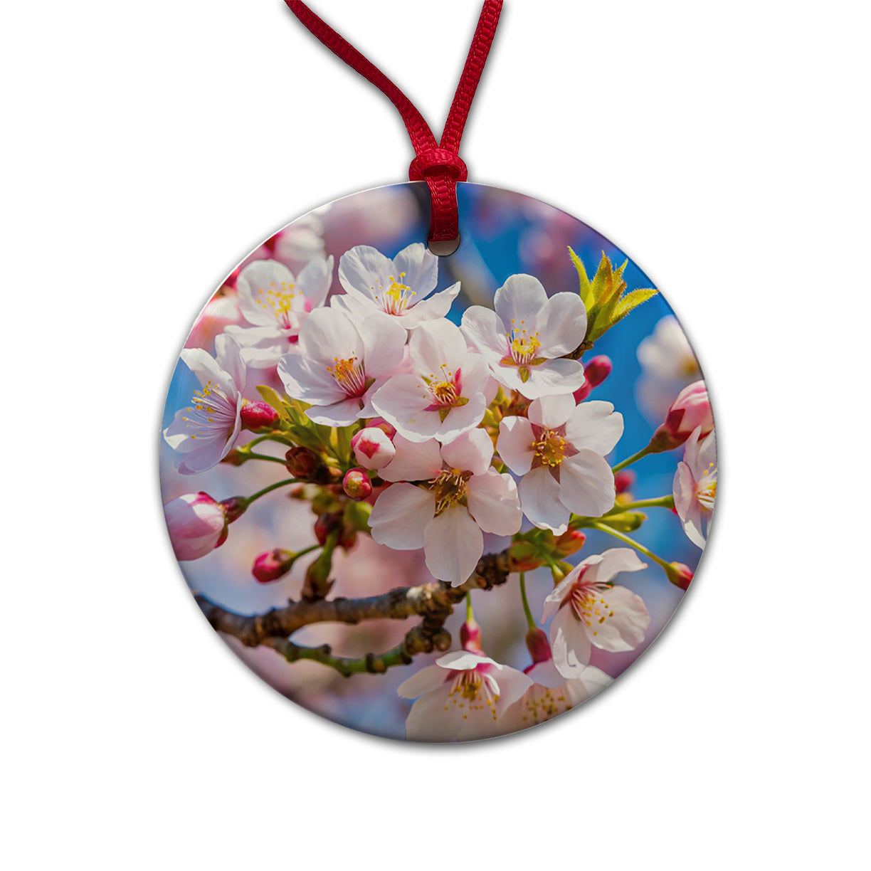 Flowering Cherry Tree Branch Round Ceramic Holiday Christmas Tree Ornament