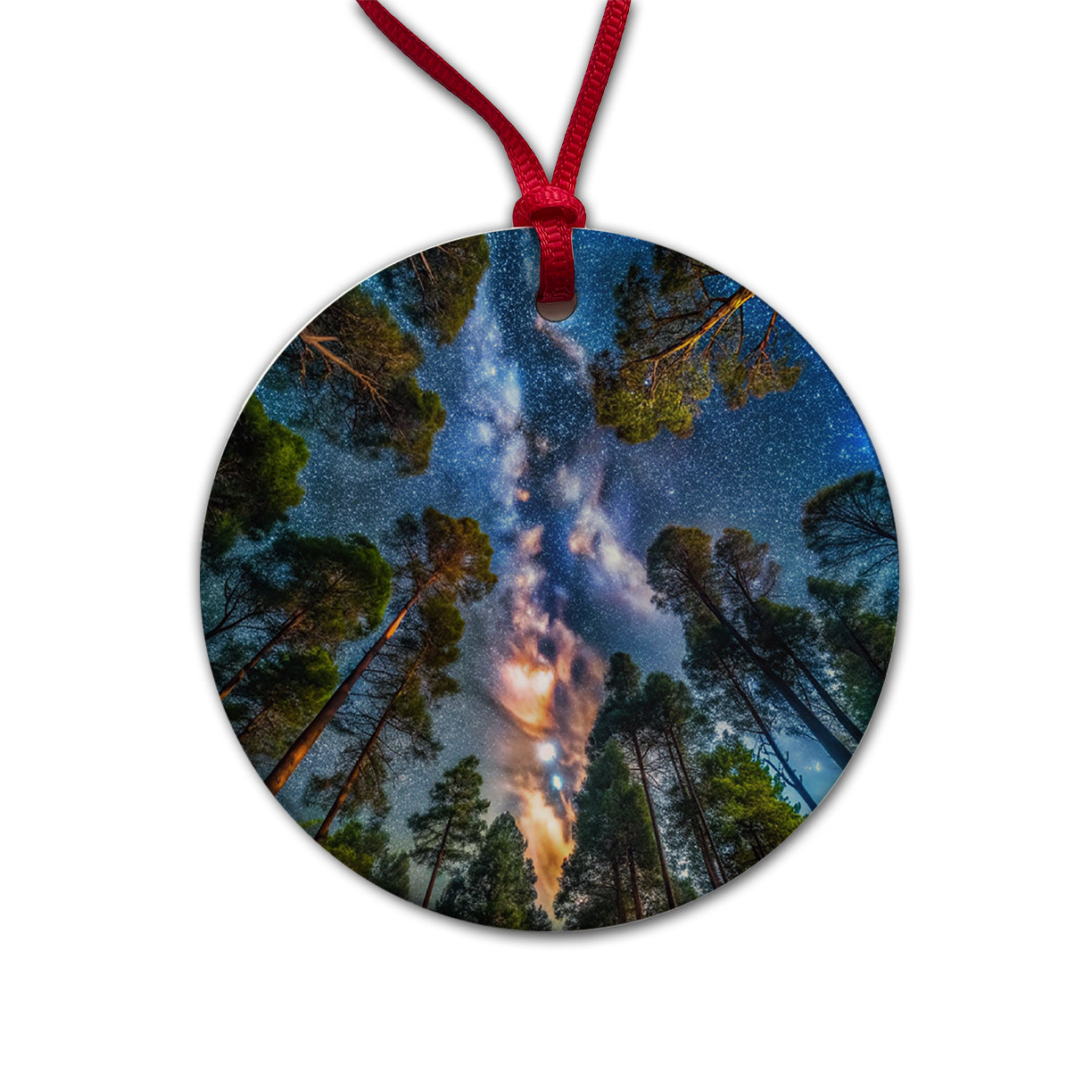 Forest Trees and Starry Night Sky Round Ceramic Holiday Christmas Tree Ornament