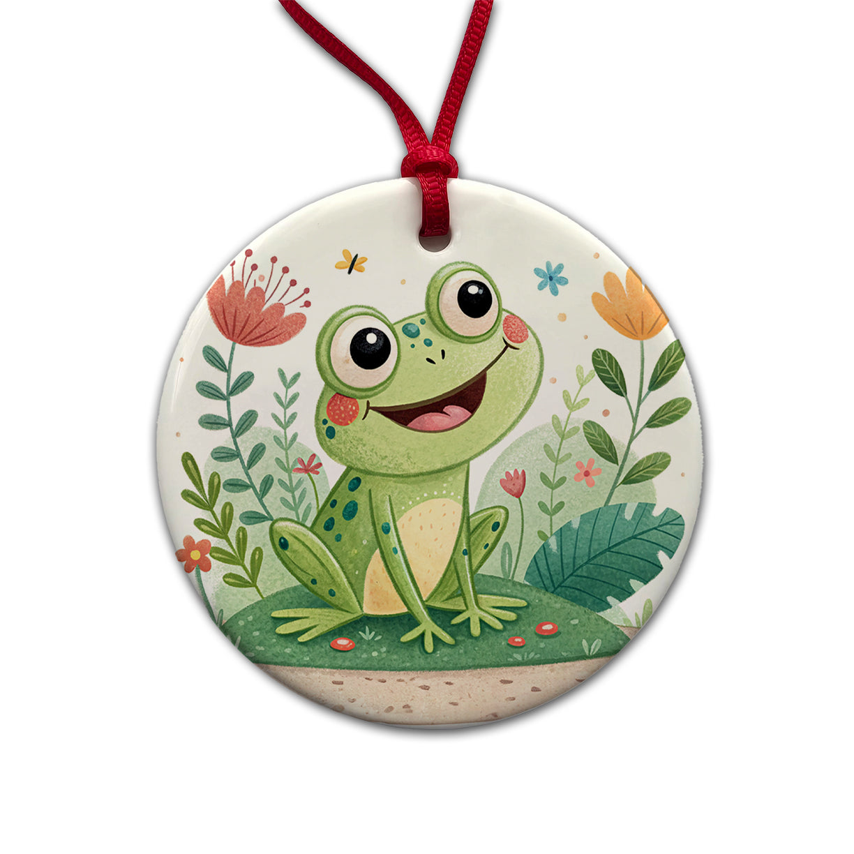 Frog Children's Illustration Style Round Ceramic Holiday Christmas Tree Ornament