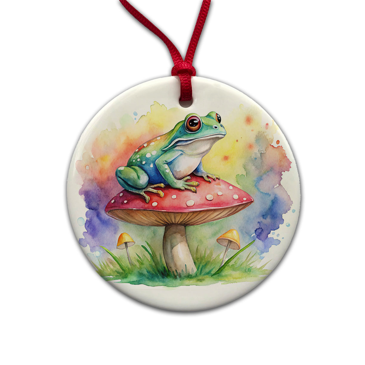 Frog Sitting On A Magical Mushroom Watercolor Round Ceramic Holiday Christmas Tree Ornament