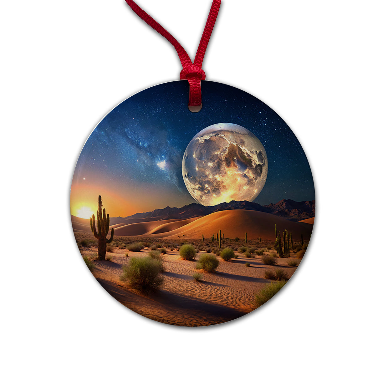 Full Moon Over The Desert Round Ceramic Holiday Christmas Tree Ornament