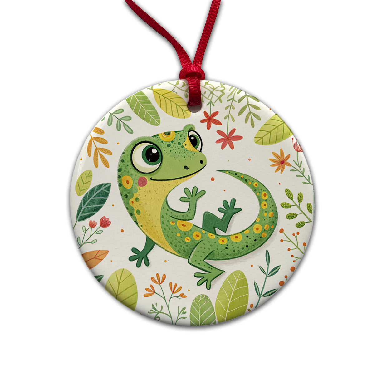 Gecko Lizard Children's Illustration Style Round Ceramic Holiday Christmas Tree Ornament