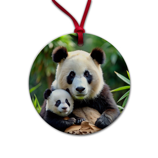 Giant Panda Mother With Baby Round Ceramic Holiday Christmas Tree Ornament