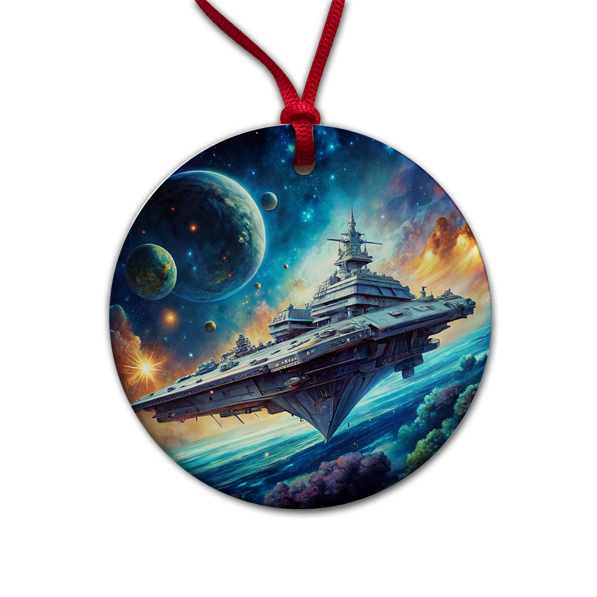 Giant Sci-Fi Warship In Space Watercolor Round Ceramic Holiday Christmas Tree Ornament