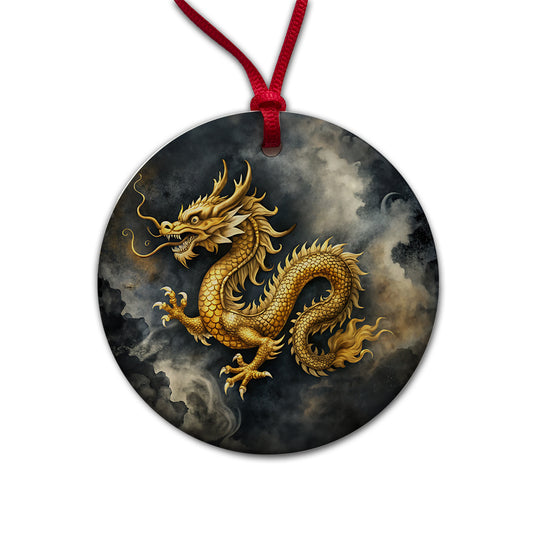 Gold Asian Dragon Watercolor Round Ceramic Holiday Christmas Tree Ornament