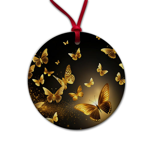 Gold Butterflies Flying Round Ceramic Holiday Christmas Tree Ornament