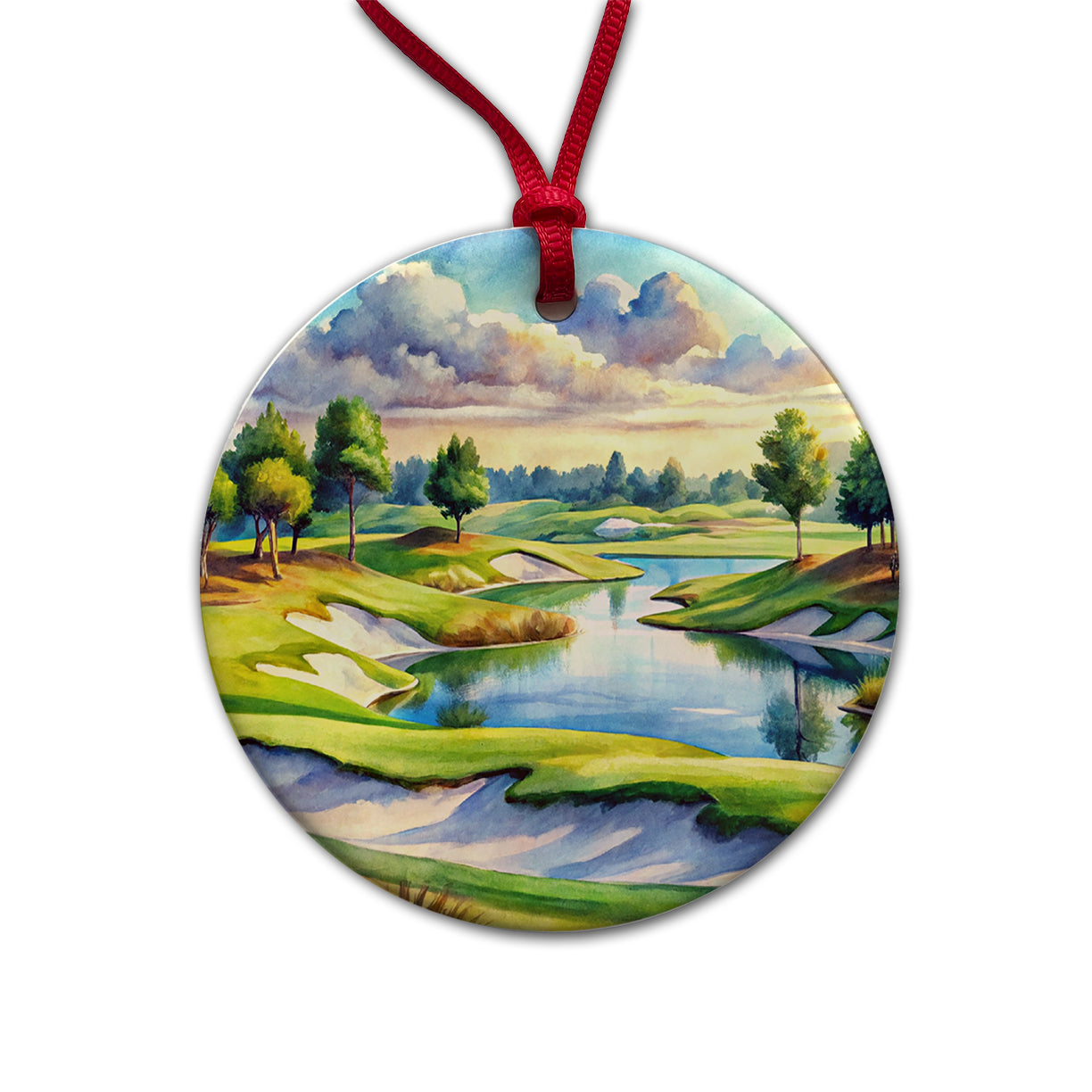 Golf Course With Sand Traps And Lake Watercolor Round Ceramic Holiday Christmas Tree Ornament