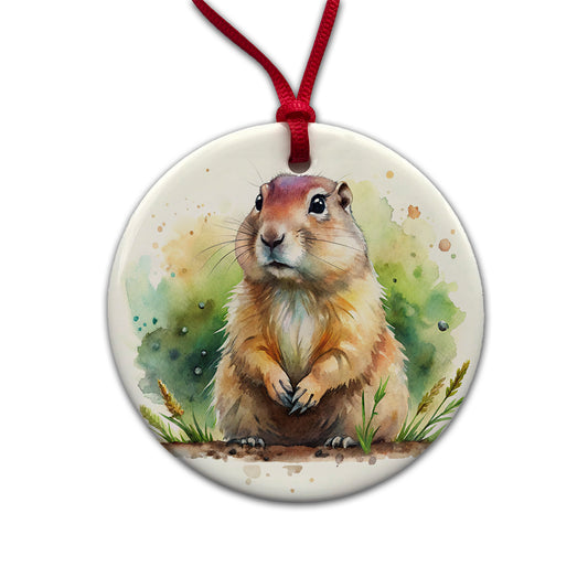 Gopher Watercolor Round Ceramic Holiday Christmas Tree Ornament