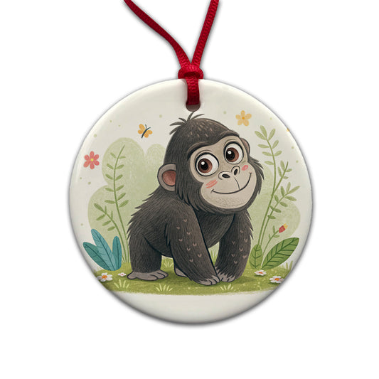 Gorilla Ape Children's Illustration Style Round Ceramic Holiday Christmas Tree Ornament