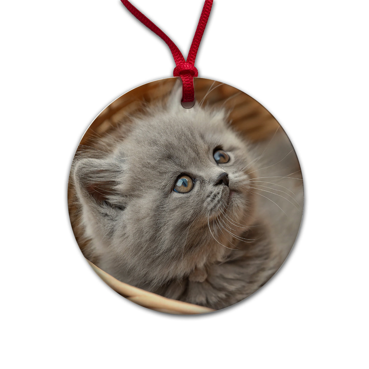 Gray British Longhair Kitten in a Basket Round Ceramic Holiday Christmas Tree Ornament