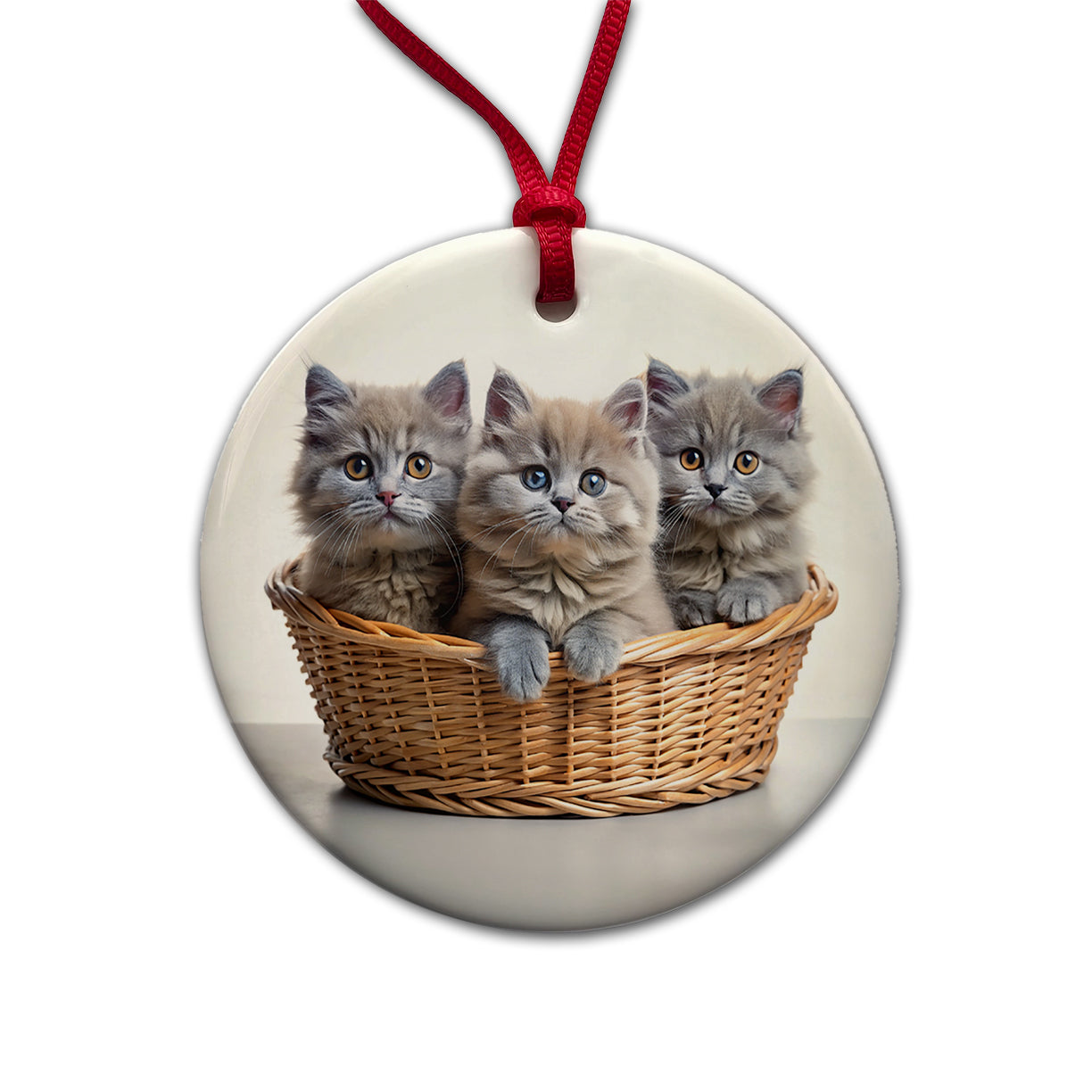 Gray British Longhair Kittens In A Basket Round Ceramic Holiday Christmas Tree Ornament
